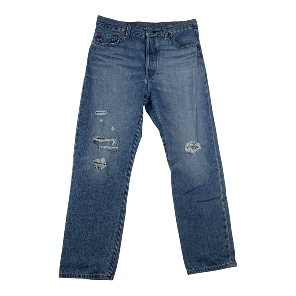 Levis 501 women's 29 straight leg crop jeans distressed button fly premium leath
